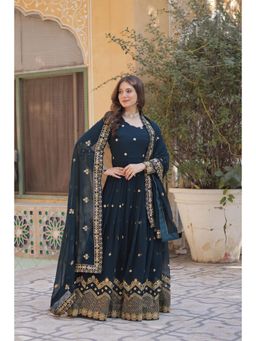 JATRIQQ - Teal Faux Blooming Embroidered Work Gown with Dupatta (Set of 2)