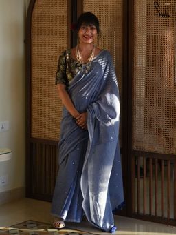 Suta - Royal Blue Mulmul Cotton Sequin Saree with Tassels