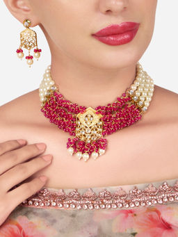 Zaveri Pearls - Pink Cluster Beaded Multistrand Kundan Necklace and Earring Set-Zpfk16090