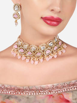 Zaveri Pearls - Pink Stones Austrian Diamonds Choker Necklace and Earring Set-Zpfk16092