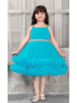 Lagorii - Girls Turquoise Embellished Net Knee Length Dress