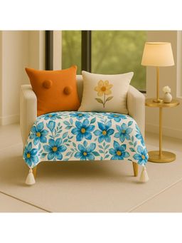THROW PILLOW - Blue Floral with White Corner Tassel Sofa Cover