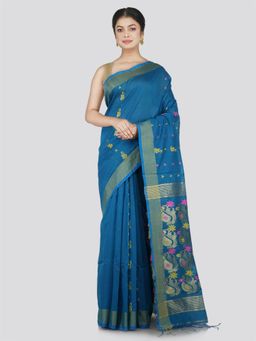 PinkLoom - Women's Cotton Blend Saree with Unstitched Blouse Piece, Blue