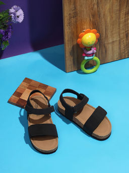 Truffle Collection - Black PU Cork-Latex Footbed Velcro Sandals