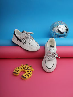 Truffle Collection - White Black PU Lace-Up Sneakers