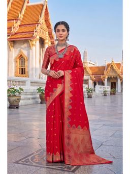 Monjolika Fashion - Red Banarasi Style Soft Silk Saree-Red