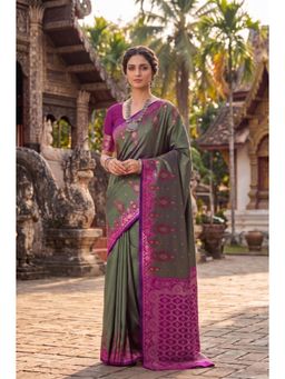 Monjolika Fashion - Olive Banarasi Style Soft Silk Saree-Olive