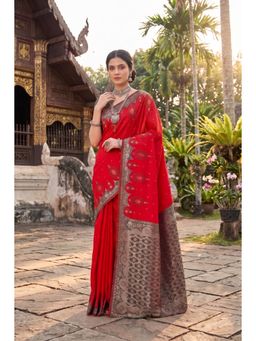 Monjolika Fashion - Blood Red Banarasi Style Soft Silk Saree-Red