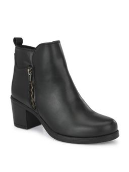 Delize - Black Solid Mid Heel Ankle Boots With Embossed Collar