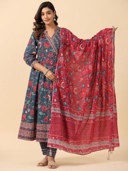 SAVI - Blue Pure Cotton Floral Print Zari Work Anarkali Kurta with Salwar & Dupatta (Set of 3)