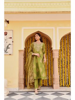 SAVI - Green Chanderi Foil Print Zari Work A-Line Kurta with Pant & Dupatta (Set of 3)