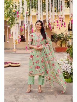 SAVI - Green Chanderi Floral Print Zari Work Straight Kurta with Pant & Dupatta (Set of 3)