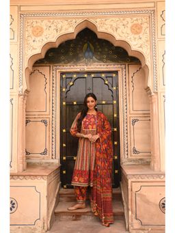 SAVI - Red Pure Cotton Floral Print Lace Work A-Line Kurta with Salwar & Dupatta (Set of 3)