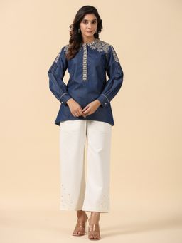 SAVI - Blue Denim Embroidered Designer Detailed Kurti