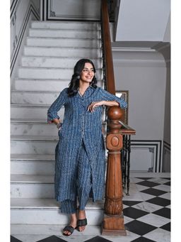 SAVI - Navy Blue Pure Cotton Striped Print Fancy Button A-Line Co-Ord (Set of 2)