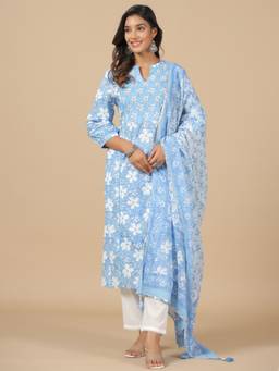 SAVI - Blue Pure Cotton Floral Print Straight Kurta with Pant & Dupatta (Set of 3)