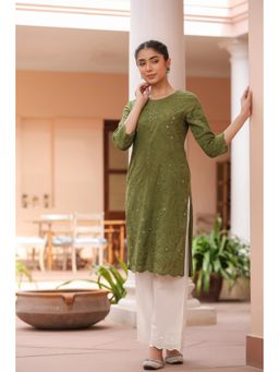 SAVI - Green Pure Cotton Embroidered Print Straight Designer Kurta