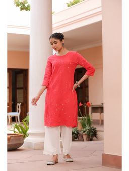 SAVI - Red Pure Cotton Embroidered Print Straight Designer Kurta