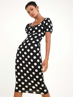 Styli - Black Square Neck Polka Dot Print Bodycon Midi Dress