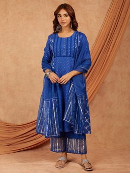 Tapestry - Royal Blue Lurex Cotton Anarkali Kurta With Palazzo And Dupatta (Set of 3)