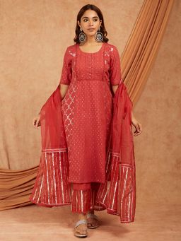 Tapestry - Red Cotton Anarkali Kurta With Palazzo And Dupatta (Set of 3)