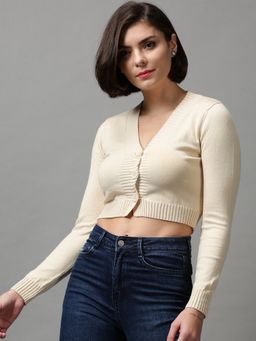 SHOWOFF - Women's Long Sleeves V-neck Cream Solid Sweater Vest