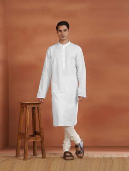 Fabindia - White Embroidered Slim Kurta