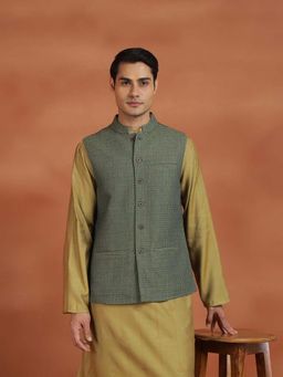 Fabindia - Olive Self Design Regular Nehru Jacket
