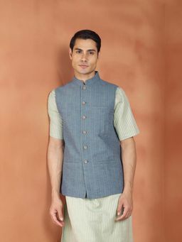 Fabindia - Blue Stripes Regular Nehru Jacket