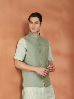 Fabindia - Green Stripes Regular Nehru Jacket