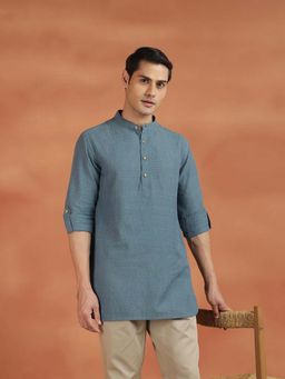 Fabindia - Teal Self Design Slim Kurta