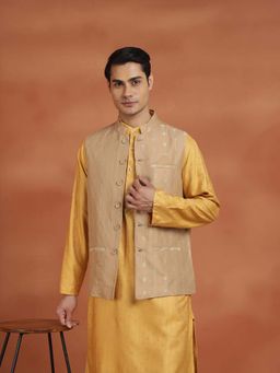 Fabindia - Beige Self Design Regular Nehru Jacket