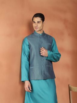 Fabindia - Blue Self Design Regular Nehru Jacket