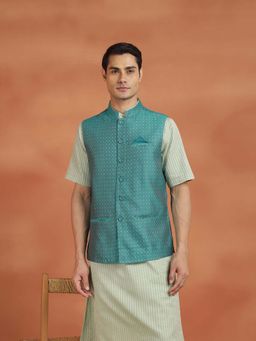 Fabindia - Teal Self Design Regular Nehru Jacket