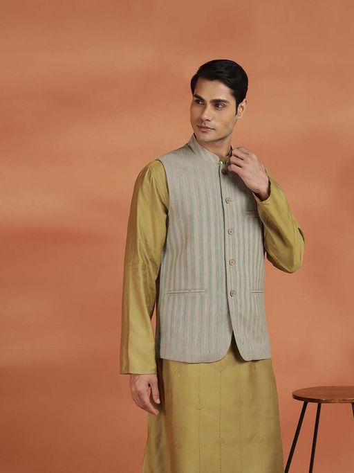 Fabindia Beige Stripes Slim Nehru Jacket