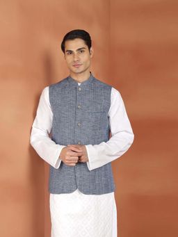 Fabindia - Blue Woven Slim Nehru Jacket