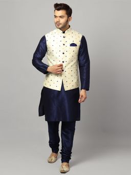 Uri and MacKenzie - Blue Solid Regular Kurta with Nehru Jacket and Pyjama