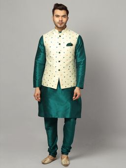 Uri and MacKenzie - Green Solid Regular Kurta with Nehru Jacket and Pyjama
