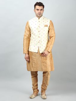 Uri and MacKenzie - Gold Solid Regular Kurta with Nehru Jacket and Pyjama