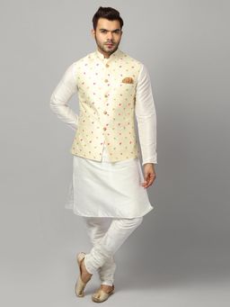 Uri and MacKenzie - White Solid Regular Kurta with Nehru Jacket and Pyjama