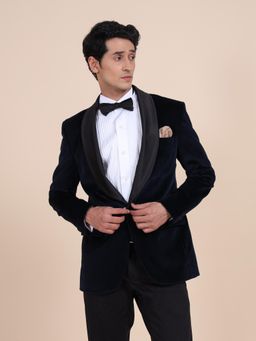 R R Blue - Black Velvet Shawl Collar Tuxedo Blazer