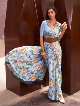 Odette - Festive Blue Satin Printed Saree with Unstitched Blouse