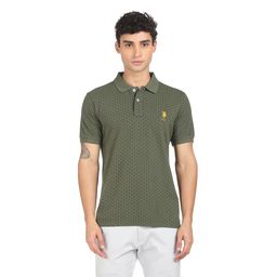 U.S. POLO ASSN. - Men Olive All Over Print Cotton Polo T-shirt