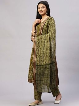 Biba - Olive Cotton Unstitched Suit Set (Set of 3)