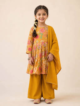 Huggle Boo - Girls Mustard Floral Peplum Kurta Sharara with Dupatta