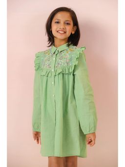 The Little Trunk - Florals On Green Embroidery Shirt Dress
