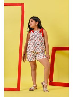 The Little Trunk - White & Red Block Print Top and Shorts (Set of 2)