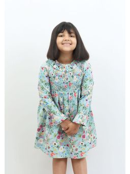 The Little Trunk - Blue Floral Print and Smocking Detail Dress