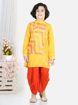 Kinder Kids - Yellow Kota and Lace Work Kurta with Orange Plain Dhoti (Set of 2)