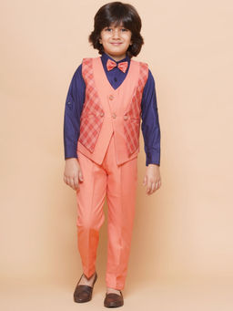 AJ Dezines - Kids Peach Suiting Fabric Checkered Suit (Set of 4)